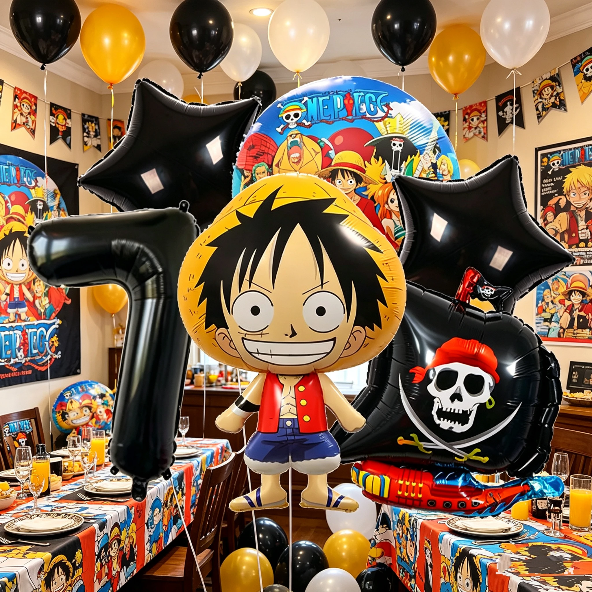 One Piece Geburtstagsparty-Set mit Cartoon-Figuren-Luftballons, Zahlenballons und Dekorationen für Kinder