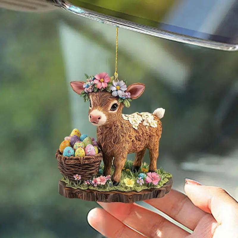 イースター牛キーホルダー飾りツリー漫画牛バニーぶら下げ装飾 2D アクリルペンダント車のバックミラーペンダント