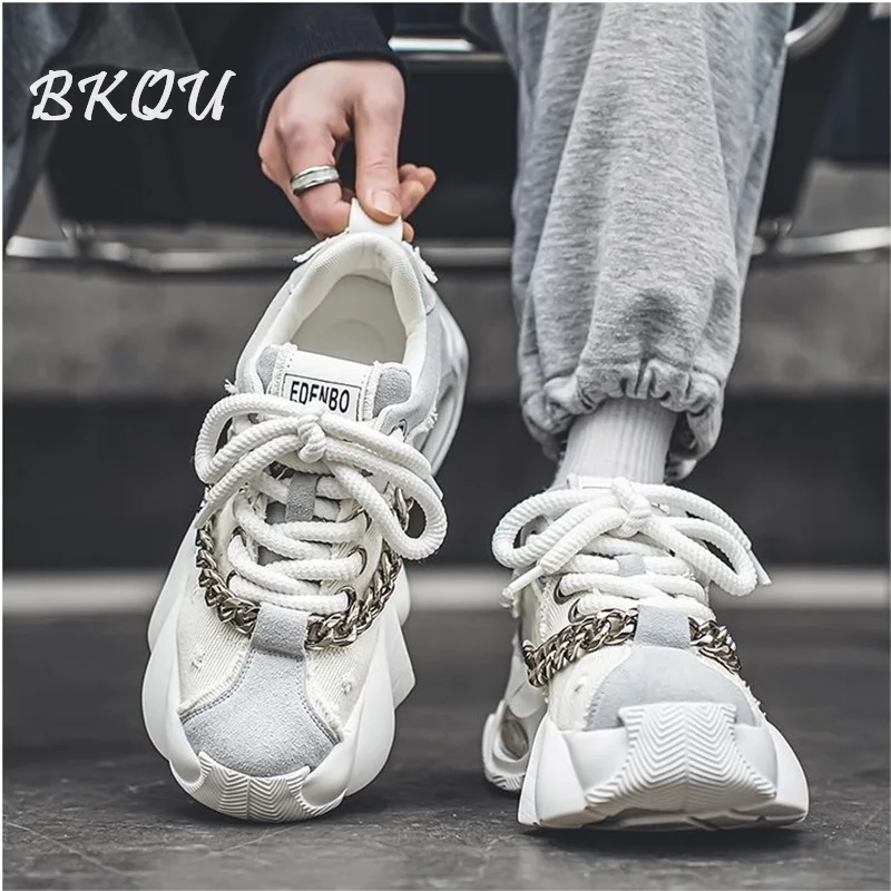 BKQU Match Color Daddy Shoes Men Design Sense 2024 Autumn New Trend All Matching Thick Sole Increase Metal Rivets Chain