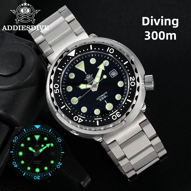 ADDIESDIVE Men's Automatic Watches 8215 Tuna Sapphire Crystal 300m Waterproof Mechanical Wristwatch Super Luminous Diving Watch
