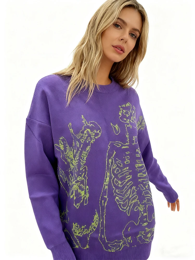 

Autumn and Winter Gothic Harajuku Ins Retro Trend Jacquard Fashion Round Neck Knitted Sweater for Women's Street Y2k Clothing