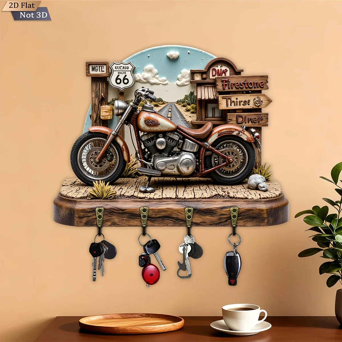 2D Flat Vintage Motorcycle Theme Key Hook Wooden Multi-functional Home Key Holder, with Four Metal Hooks, Wall Decoration,
