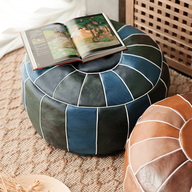 

Moroccan PU Leather Pouf Embroider Craft Hassock Ottoman Footstool Round Large 50*35cm Artificial Leather Unstuffed Cushion