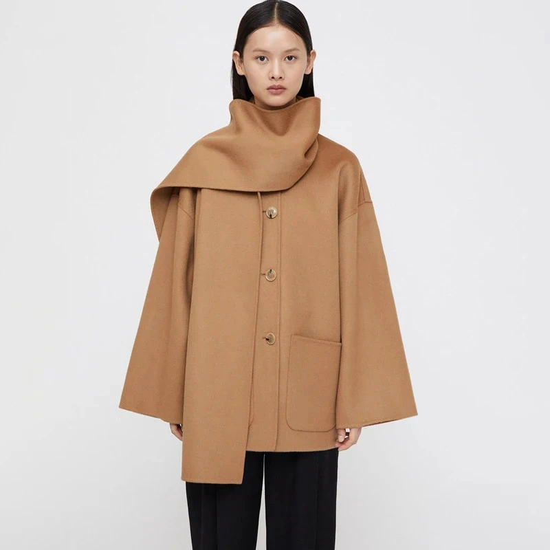 Totem* Women's Autumn and Winter Trench Coat Wool Coat Scarf Collar Single-breasted Tweed Coat Simple Middle Jacket Women's Coat