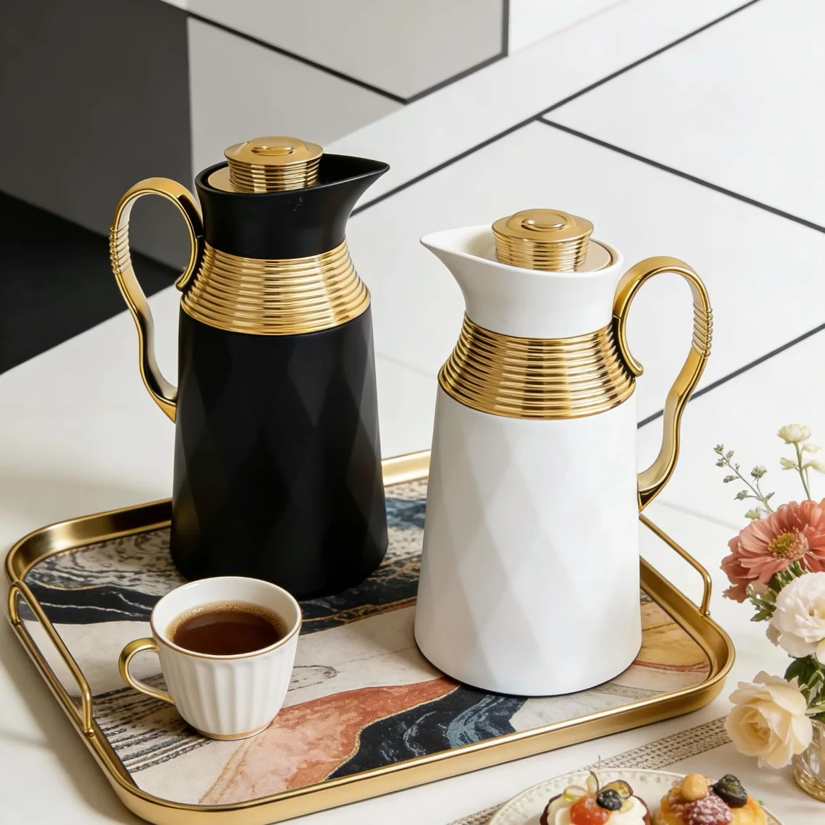 Matte Black White Thermal Flask Gold Ring Decor Long Heat Retention Vessel For Coffee Tea Hot Water Storage