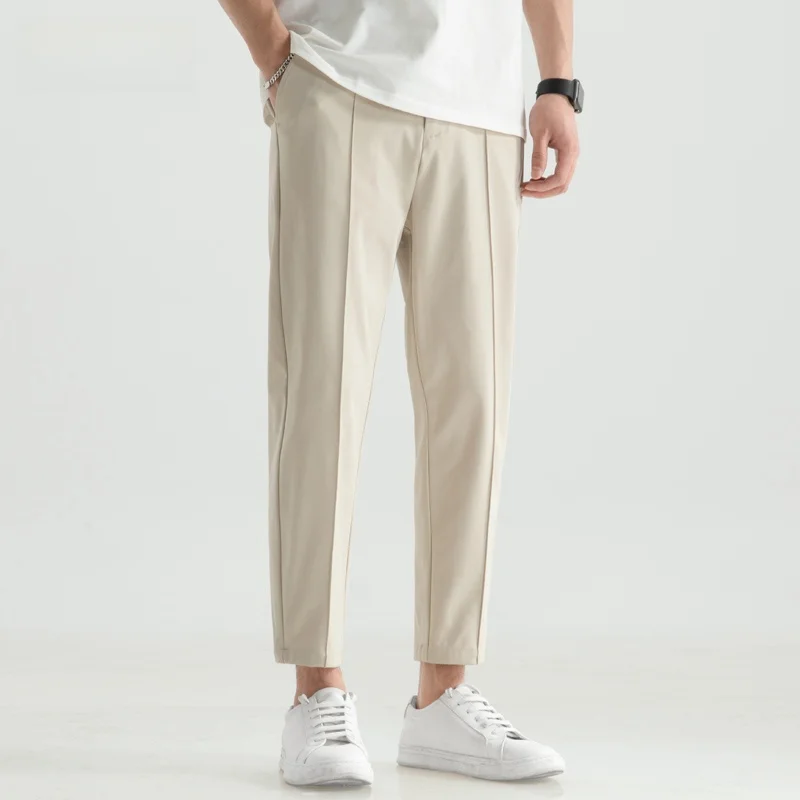 

Мужские летние повседневные брюки из ледяного шелка, тонкие, свободные, прямые, эластичные, укороченные (до щиколотки)