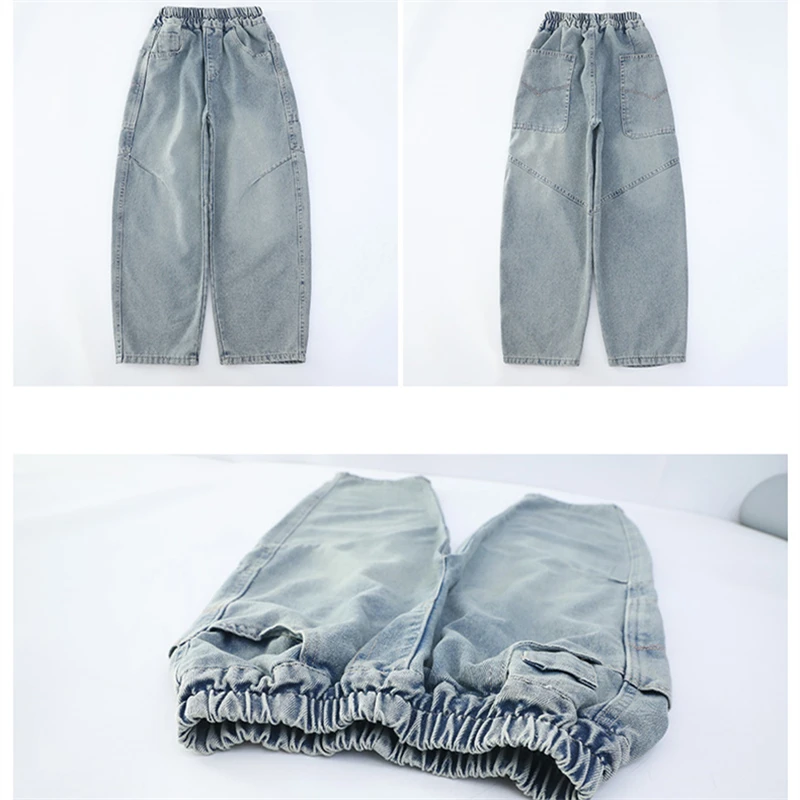 새로운 패션 아동용 곡선형 청바지, 10대 소녀들을 위한 하이 패션 스트리트 카펜터 데님 팬츠, 키즈 스타일리쉬 청바지 바지 4-14세