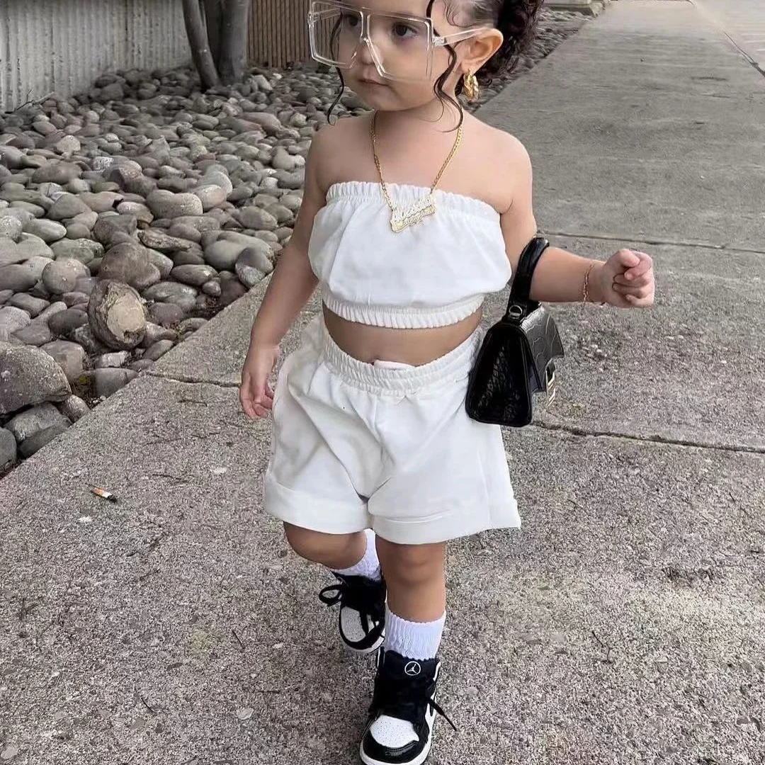 

New Summer Girls Clothes Sets Kids Sleeveless White Corset Tops+Solid Shorts Streetwear Children Casual Clothing For 2-7 Years