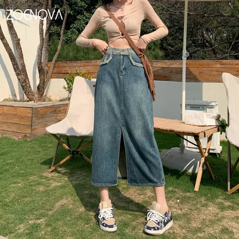 

ZOENOVA 2023 New Casual Botton Split Denim Skirts Female Sping Summer Vintage Long Skirt Ladies High Waisted Pocket Jeans Skirt