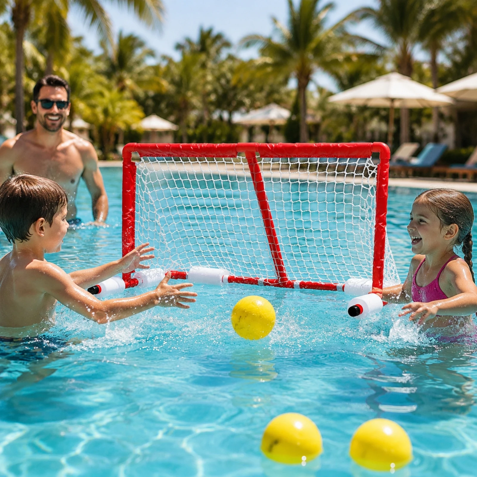 Adjustable Pool Goal with Net for Floating Water Polo Game Set with Balls and Hand Pump for Family Fun view 5