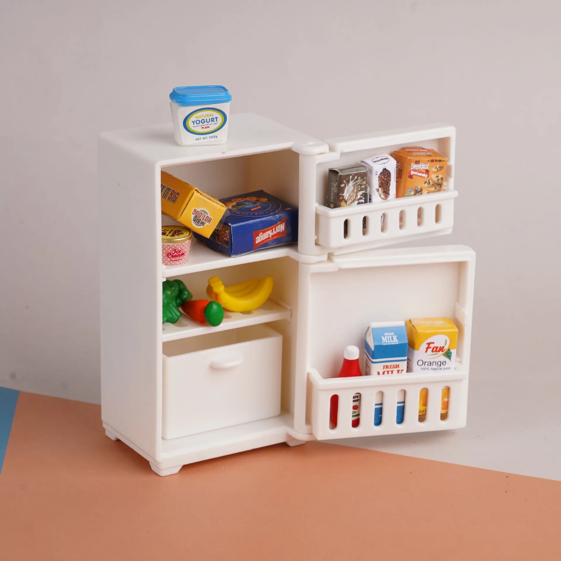 Mini geladeira pequena, casa de brincar, brinquedo, acessórios para casa de bonecas, simulação de comida, bebida, conjunto de geladeira, modelo de ornamentos de cena