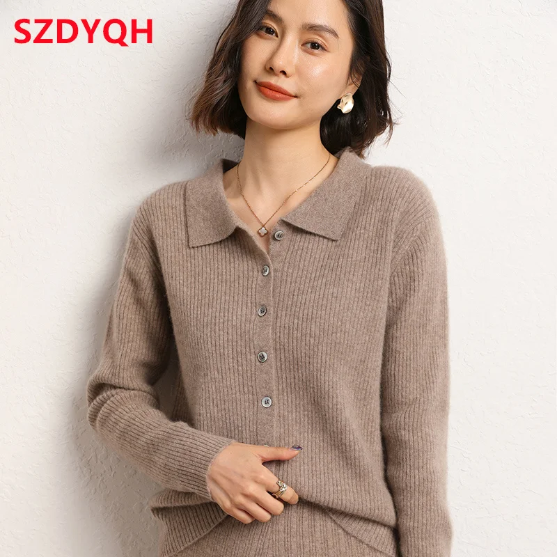 Hot Sale Autumn Winter Women 100% Cashmere Sweater Female Solid Knitted Cardigans New Turn-down Collar Loose Jacket Women Tops