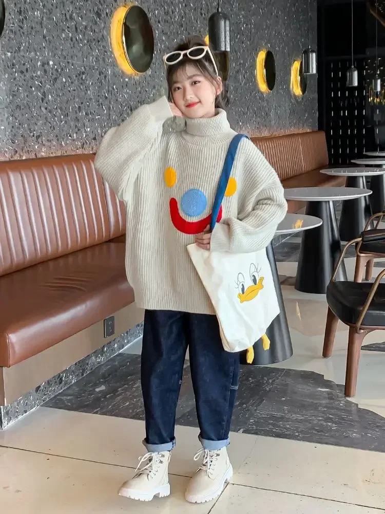 Girls' Turtleneck Sweater Autumn And Winter New Loose Knitted Western Style Middle And Big Children's Base  Cute Outfits Top