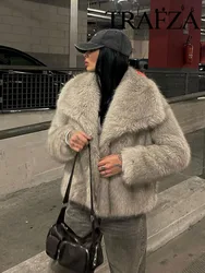 TRAFZA 2024 Winter New Fashion Fluffy Fur Coat Women's Street  Warm Big Fur Collar Faux Fox Fur Jacket Woman Gradient Overcoat