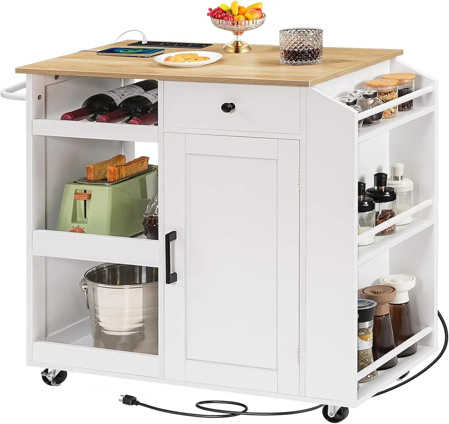

Kitchen Island with Power Outlet, Kitchen Storage Island with Drawer, Rolling Kitchen Cart on Wheels, Spice Rack, Towel Rack