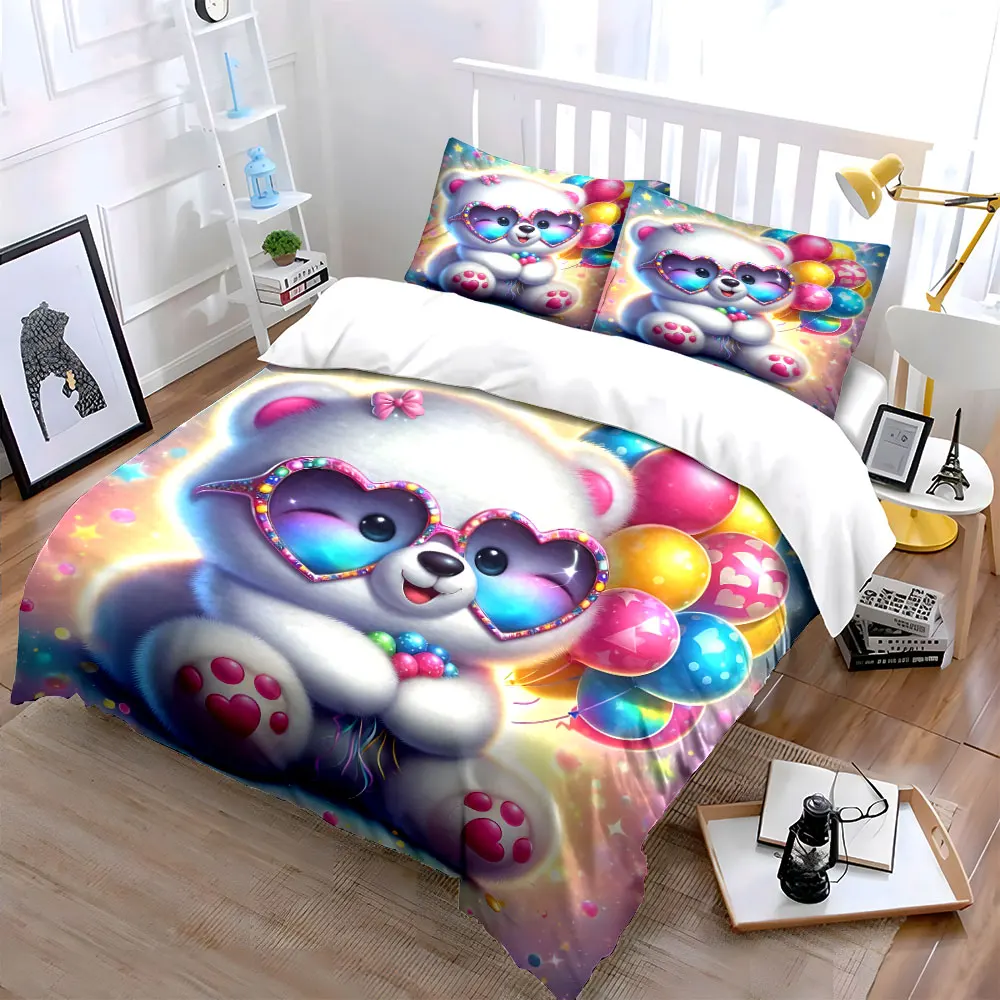 Bear with heart glasses and balloons Print Soft Comfortable Duvet Cover Bedding Set Included 1*Duvet Cover 2*Pillowcases