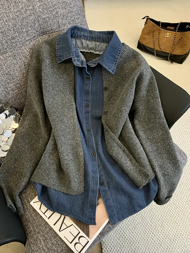 

Джемпер с воротником-рубашкой и имитацией двухслойности, женский, осенне-зимний, новый, в корейском стиле, шикарный, высококачественный, вязаный жакет