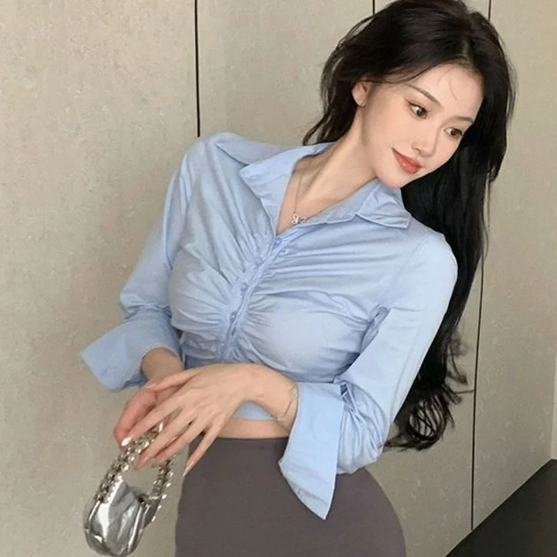 Crop Tops Shirts Women Long Sleeve Hotsweet Slim Streetwear Spring Simple Preppy Style Office Ladies Popular All-match Ulzzang