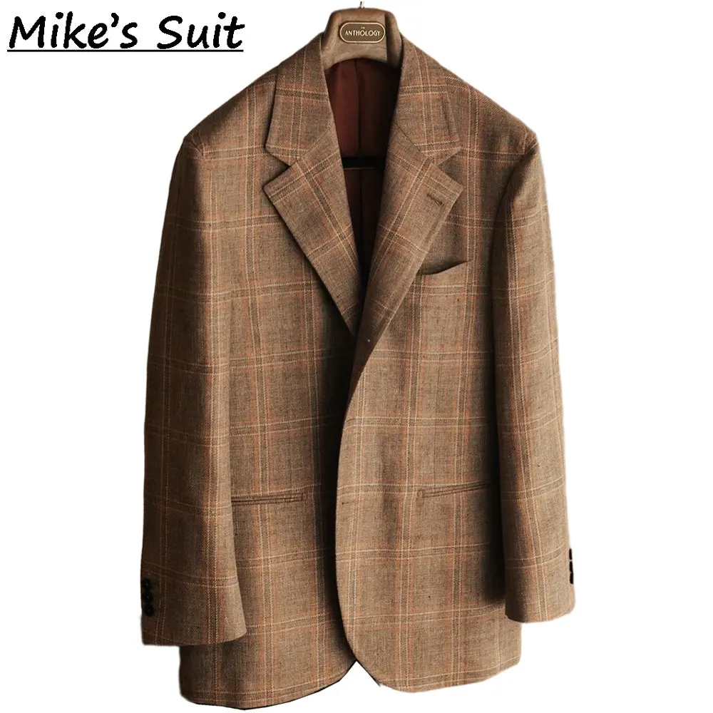 Men Single Breasted Blazer, Warm Brown Thin Line Glen Check Wool Tweed Fabric, Business Daily Country Wedding Loose Fit Jacket