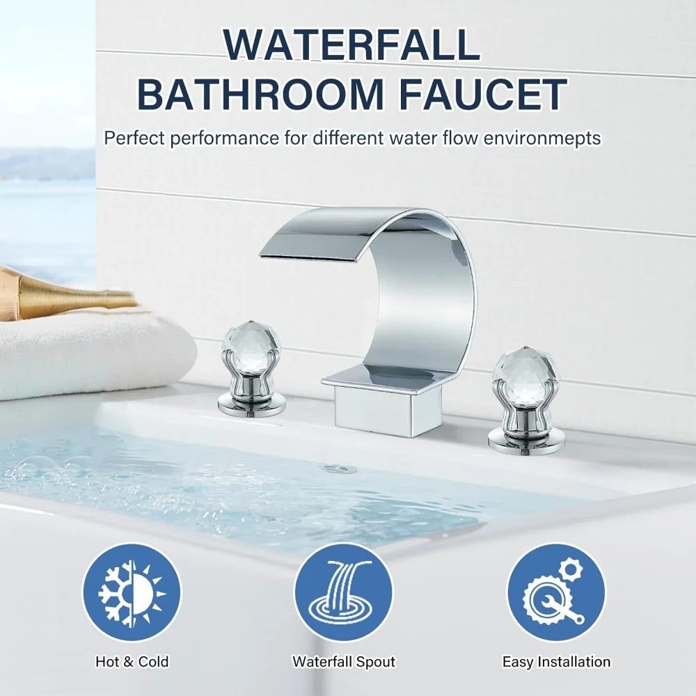 Chrome 3-Hole 8-Inch Widespread Bathroom Sink Faucet with Crystal Handles, High Arc Design for 8-Inch Vanity Basin Mixer Tap