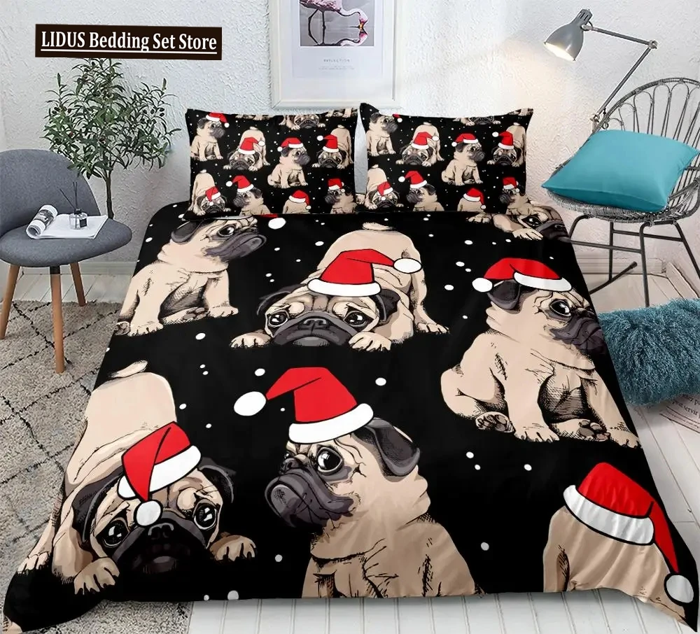 

Christmas Pug Duvet Cover Set Cute Dog Pattern Bedding Set 3-piece For Bedding Set Black Home Textiles For Boy Girl