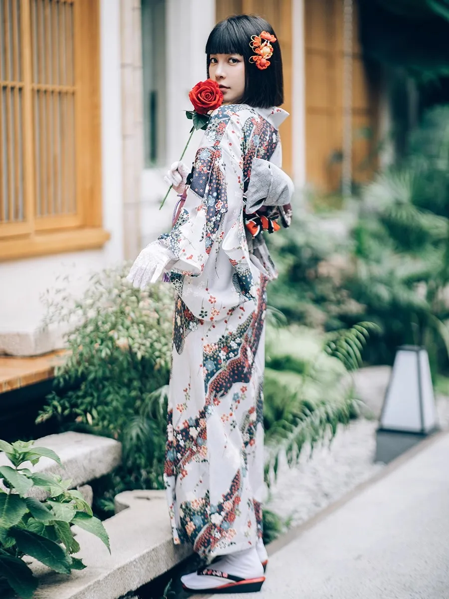 Women Japanese Traditional Kimono with Obi Modified Summer Yukata Lovely Floral Prints Photography Dress Cosplay Costume