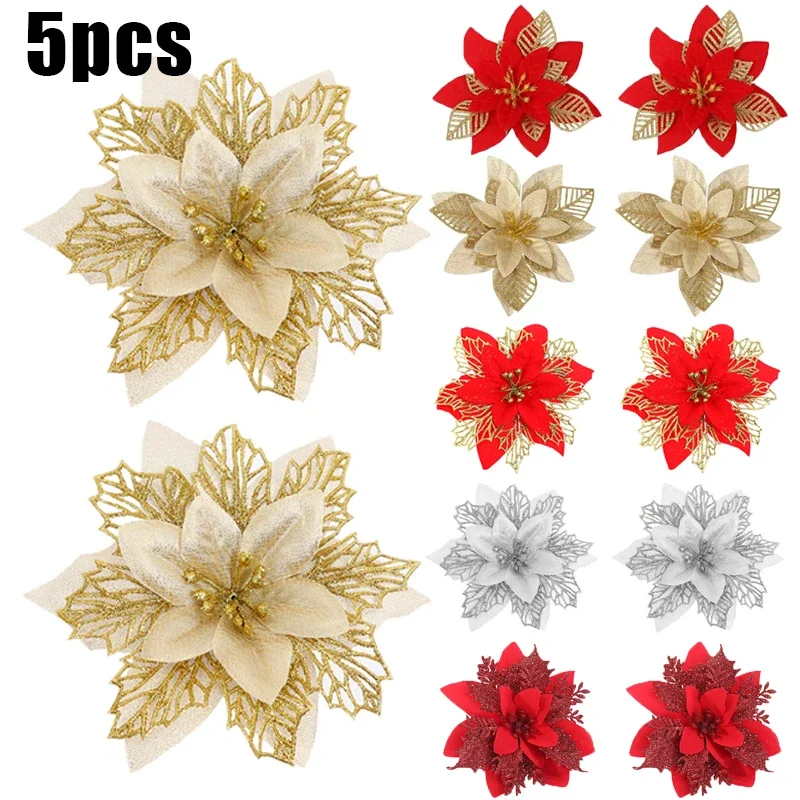 5Pcs Glitter Artificial Flower Christmas Decorative Flowers DIY Christmas Tree Hanging Ornaments Xmas New Year Party Decoration