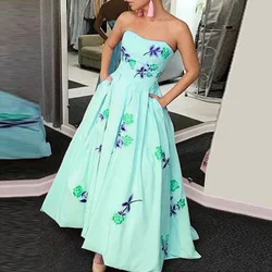 Sexy Strapless Hollow Long Party Dresses Spring Backless Pockets A-Line Maxi Dress Women Floral Print Waist Length Skirt 2024