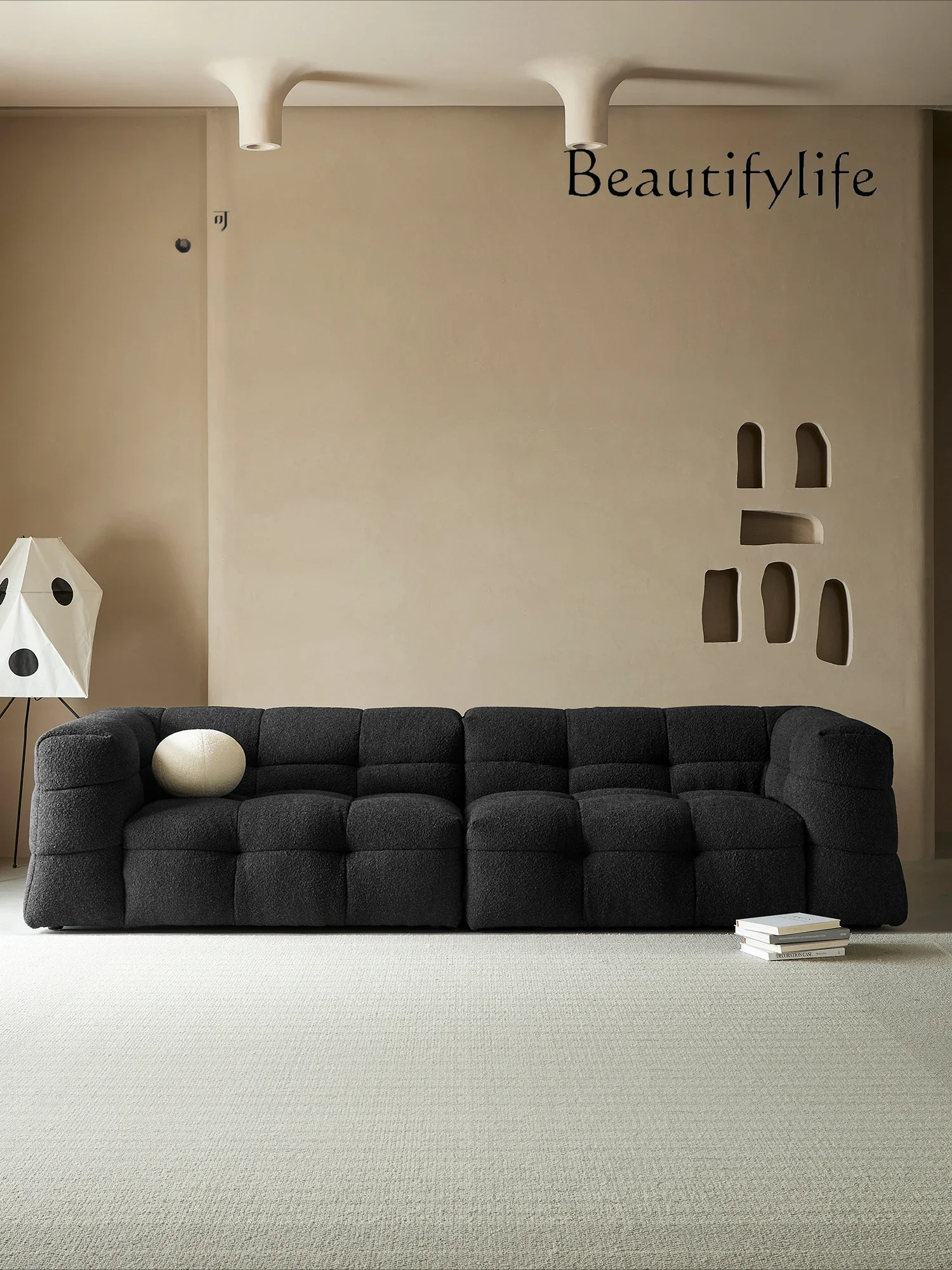 Marshmallow fabric sofa small apartment living room retro black big teddy velvet straight row three people