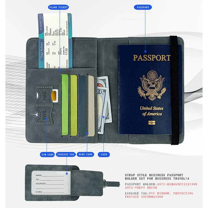 أساسيات السفر: حامل جواز السفر يحجب RFID + مجموعة بطاقات الأمتعة الجلدية