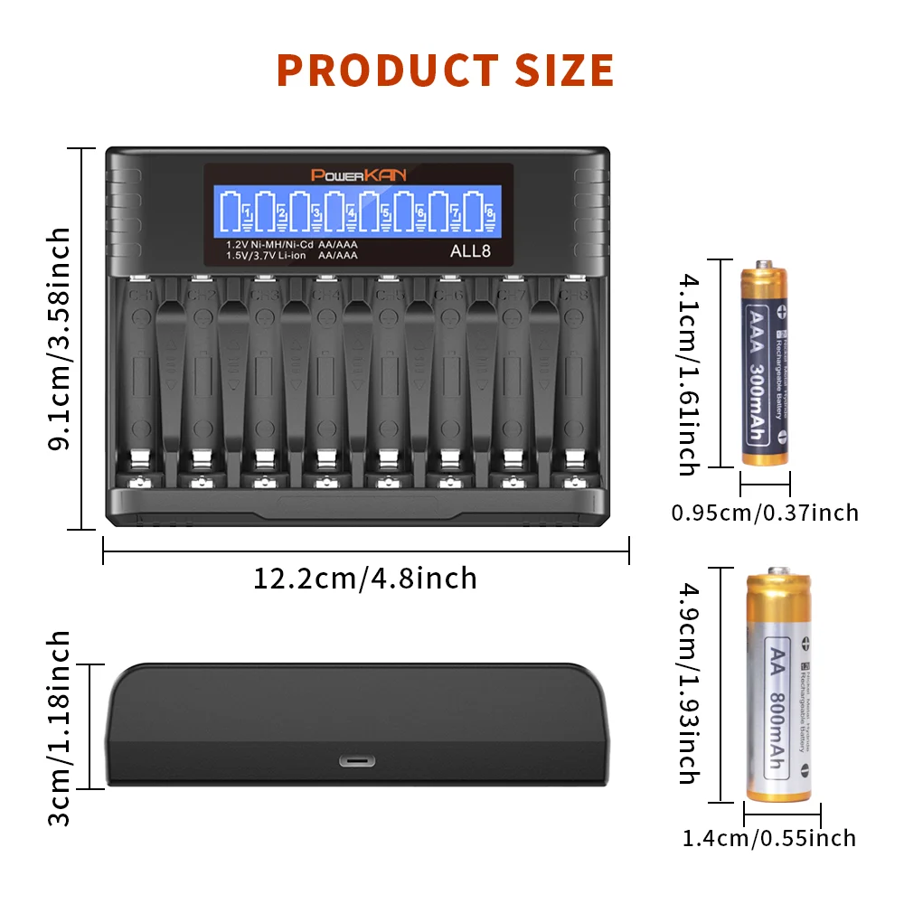 Powerkan Charger ALL8 AA800mAh/AAA300mAh NIMH Rechargeable Battery Combo Set 8 Multi-slot Large Capacity Type C Charing