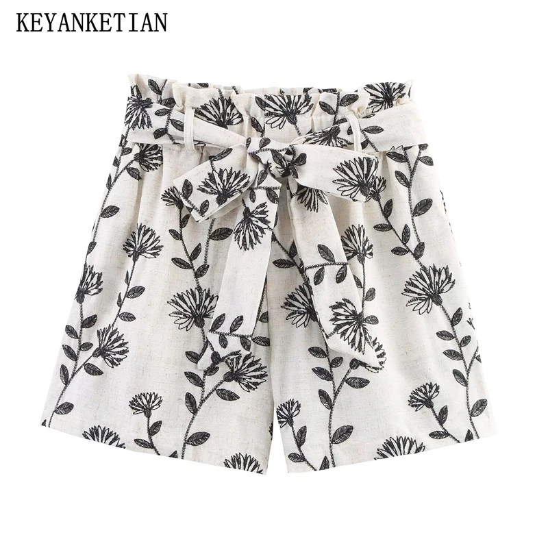 

KEYANKETIAN новые летние женские шорты с поясом и цветочной вышивкой, популярные шорты в пасторальном стиле, смешанные широкие брюки с высокой талией, шорты