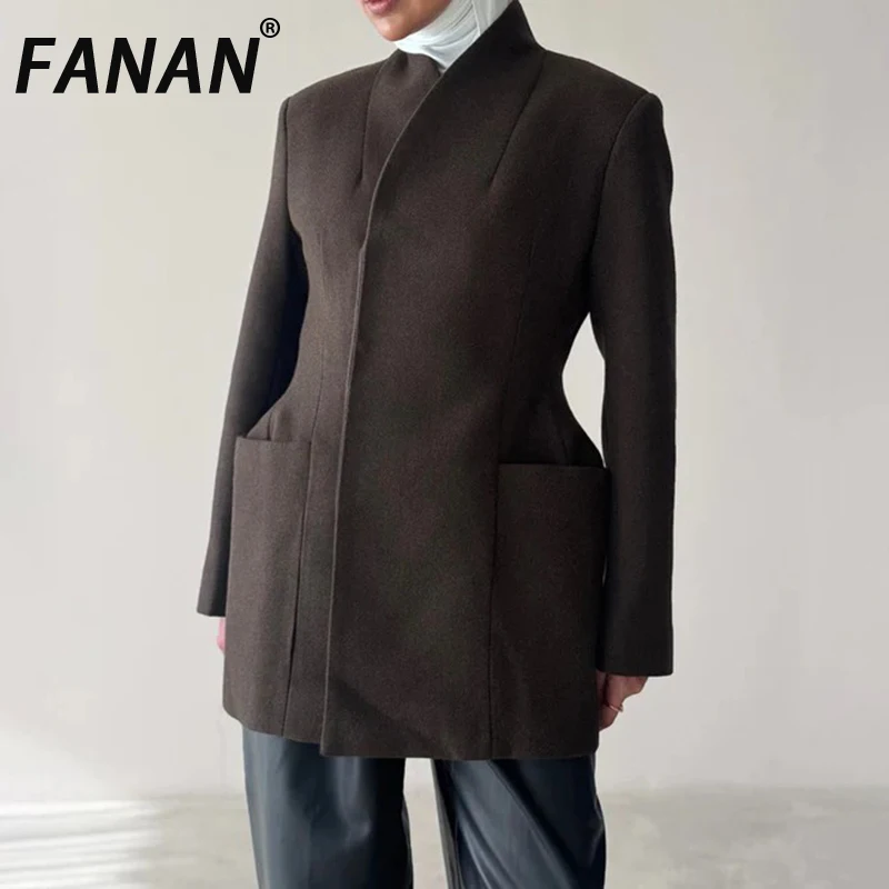 

FANAN Elegant Gathered Waist Blazers For Women V Neck Single Breasted Office Lady Jackets Temperament Outwear Autumn New