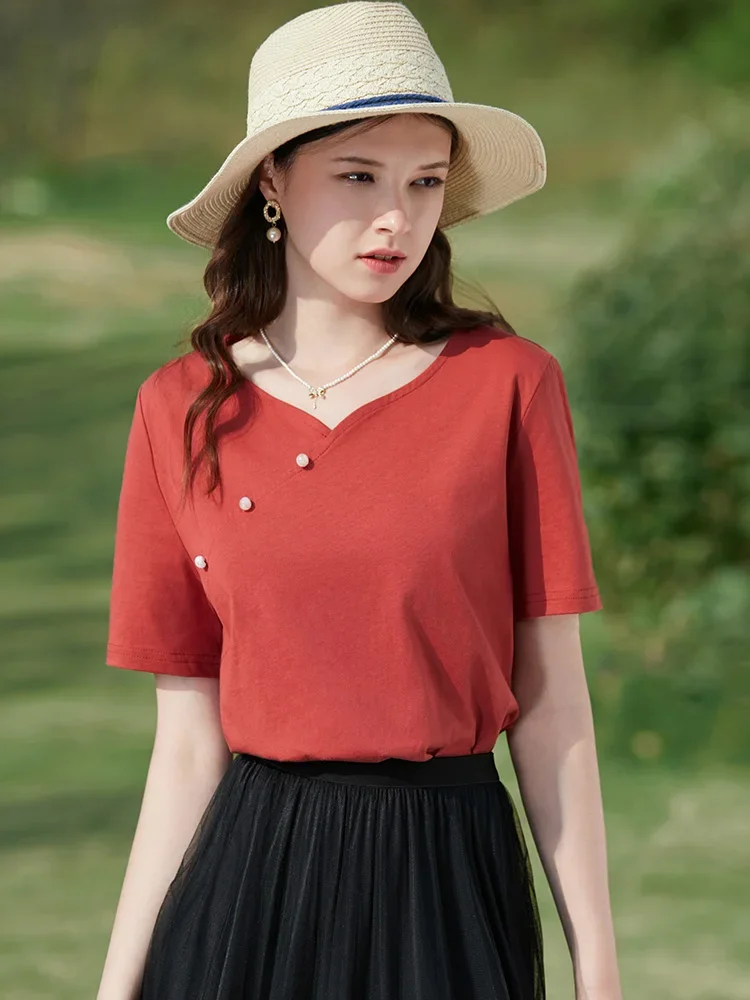 I BELIEVE YOU Red T-shirts For Women 2024 New Chinese V-neck Cotton Short-sleeved Summer Slim Chic Elegant Lady Tops 2241015653