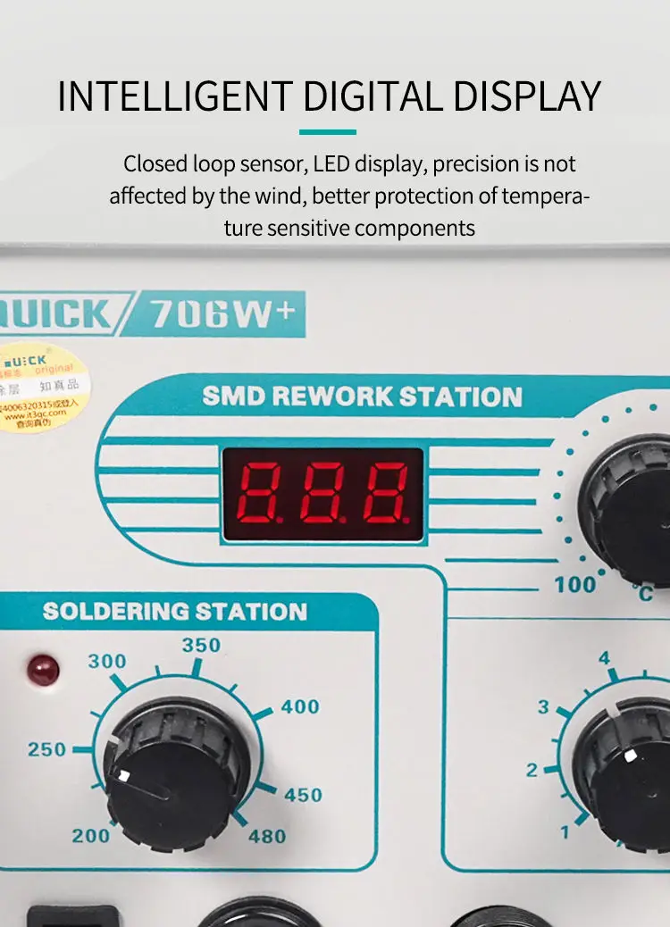 Original QUICK 706W+ Digital Display Hot Air Gun Lead-Free Rework Soldering Station 2 in 1 Nozzles SMD Tools