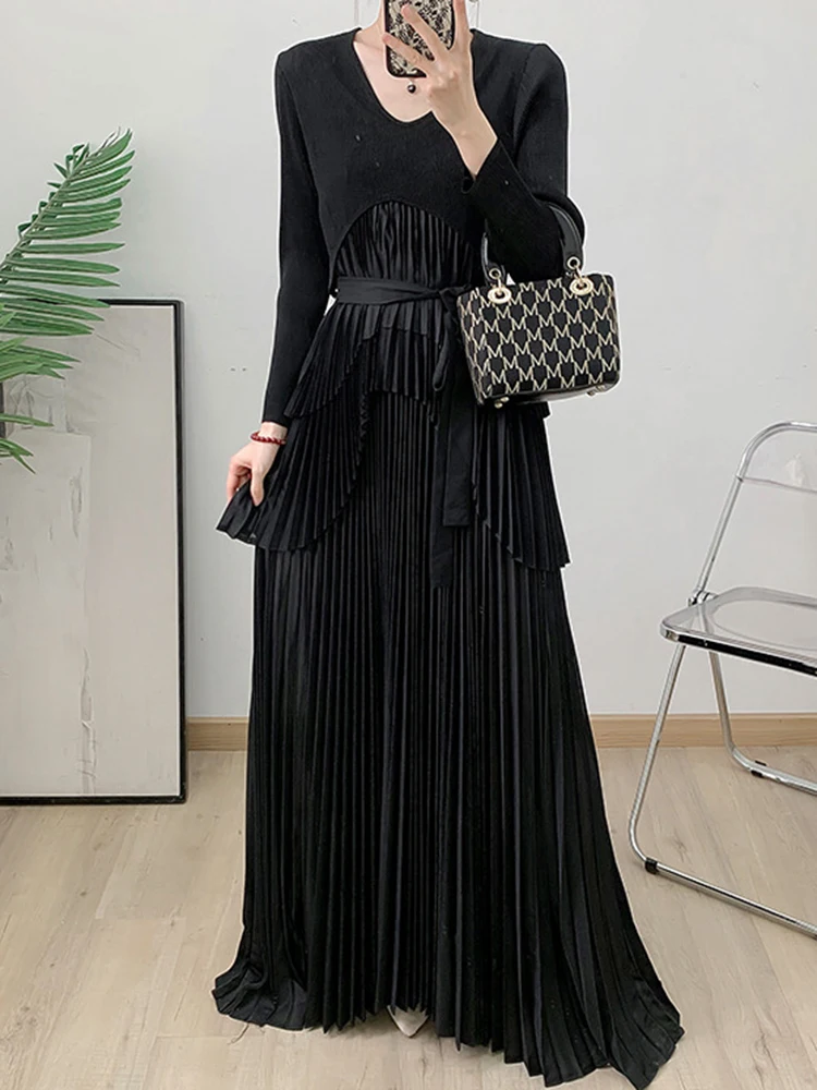 GVUW Pleated Patchwork Dress Women Lace-up A Line Full Sleeve Round Collar Evening Party Chic Style New Long Dresses 17G8486