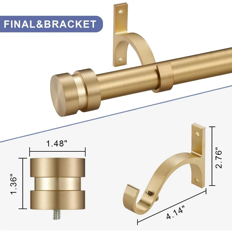 16-150 inch Long Adjustable Warm Gold Curtain Rods,1 inch Diameter Splicing Heavy Duty Rod Set with Aluminum Finals for Windows