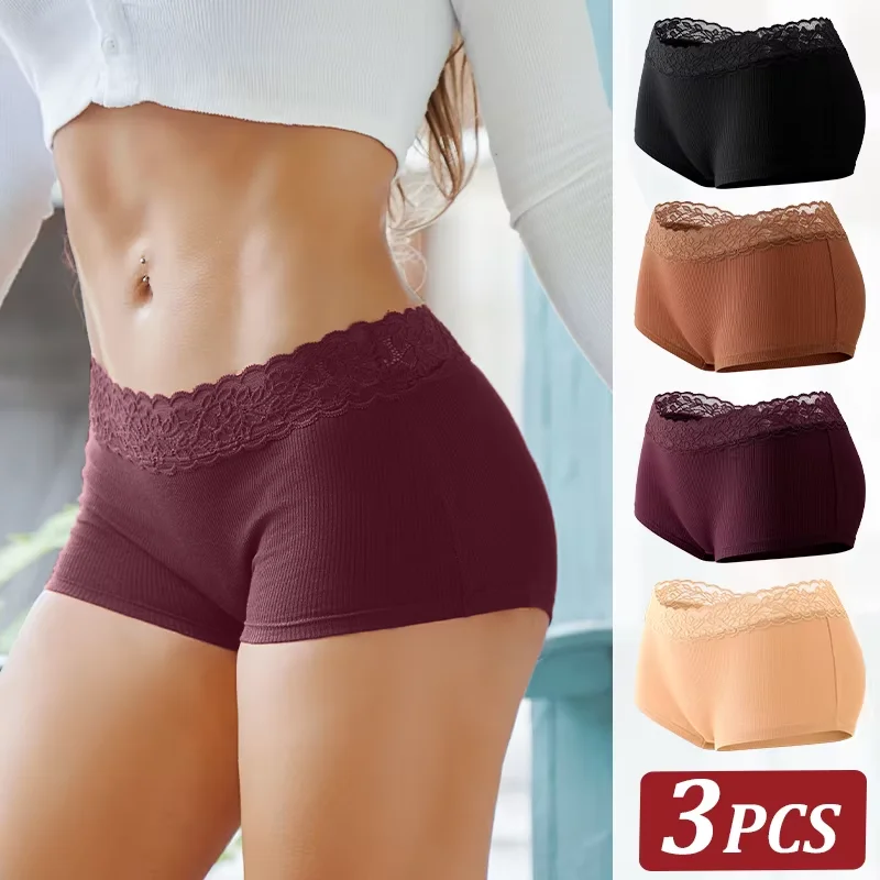 3Pcs Women's Cotton Lace Panties Boxers Seamless Boxer Underwear Female Solid Color Briefs Cozy Lingerie Intimate Underpant S-XL