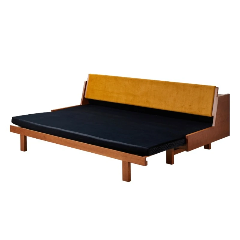 Classic solid wood retractable sofa bed, retro color matching cherry wood living room three-person sofa in the ancient style