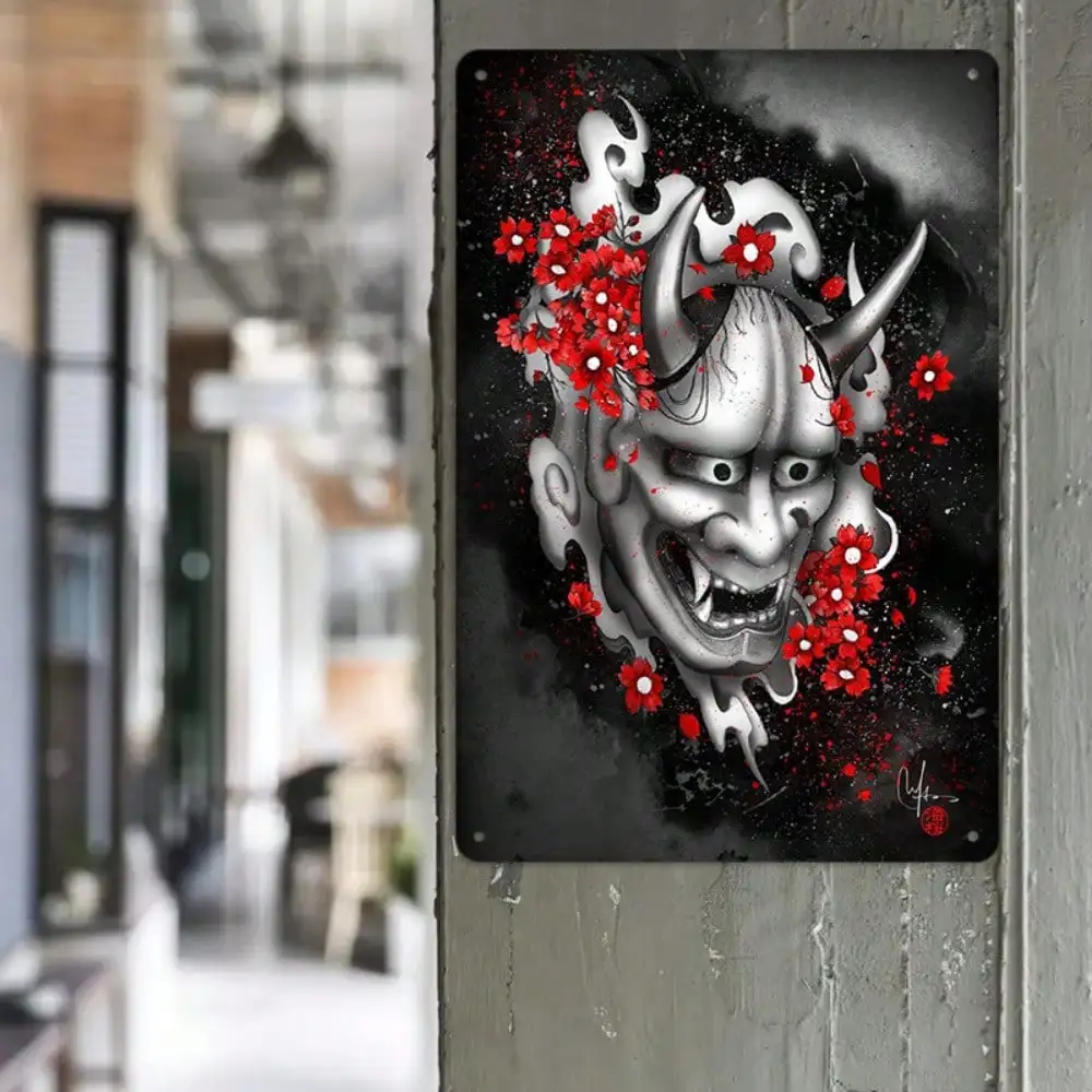 1 szt. Tabliczka Blaszana Japońska Maska Demona - Sztuka Samuraja do Dekoracji Salonu/Biura, Czerwone Kwiaty i Czarna Tematyka, 20x30cm