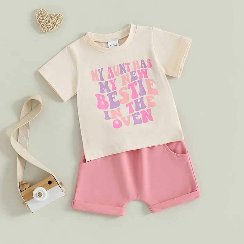 Conjunto de roupas de verão para bebês meninas com estampa de letras, camiseta de manga curta e shorts com cordão e bainha enrolada, roupas fofas de 2 peças