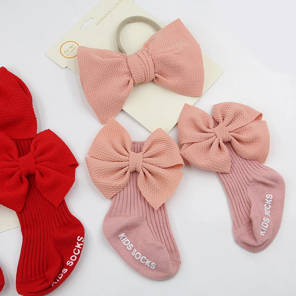 3Pcs/Set Big Bullet Bow Baby Headbands Elastic Nylon Hairbands Anti-Slip Socks Long Knee Cotton Sock 0-12M Maternity Clothing