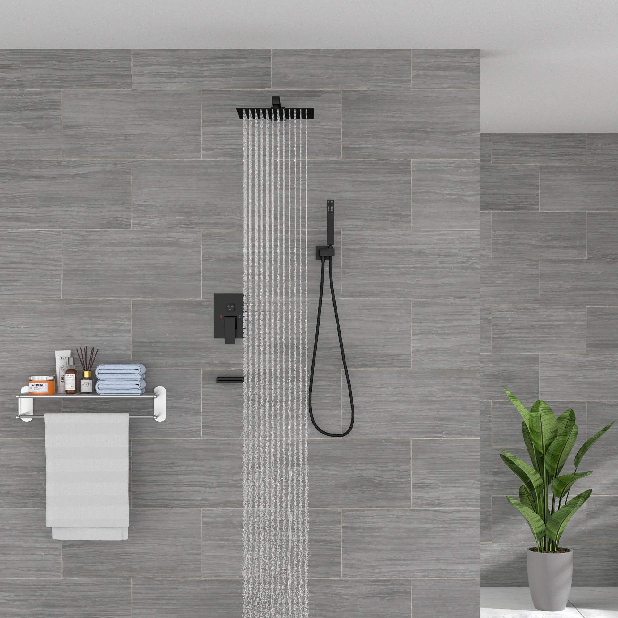 Wall Mounted Tub Shower Systems with Valve and Trim Kit 12 Inch Black Shower System with Tub Spout