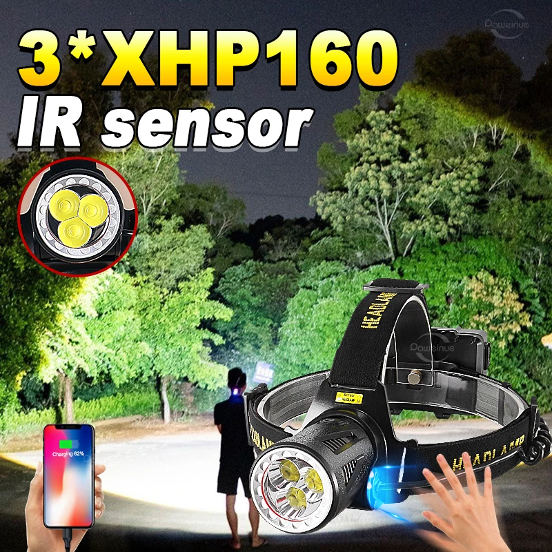 3*XHP160 Rechargeable LED Headlight Motion Sensor Super Bright Tactical Head Lantern Professional Hunting Lighting Headlamp