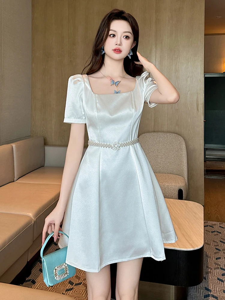 

New Summer White Satin Square Neck Mini Dress Women Elegant Pearl Belt Short A-Line Dresses Formal Party Cocktail Daily Casual