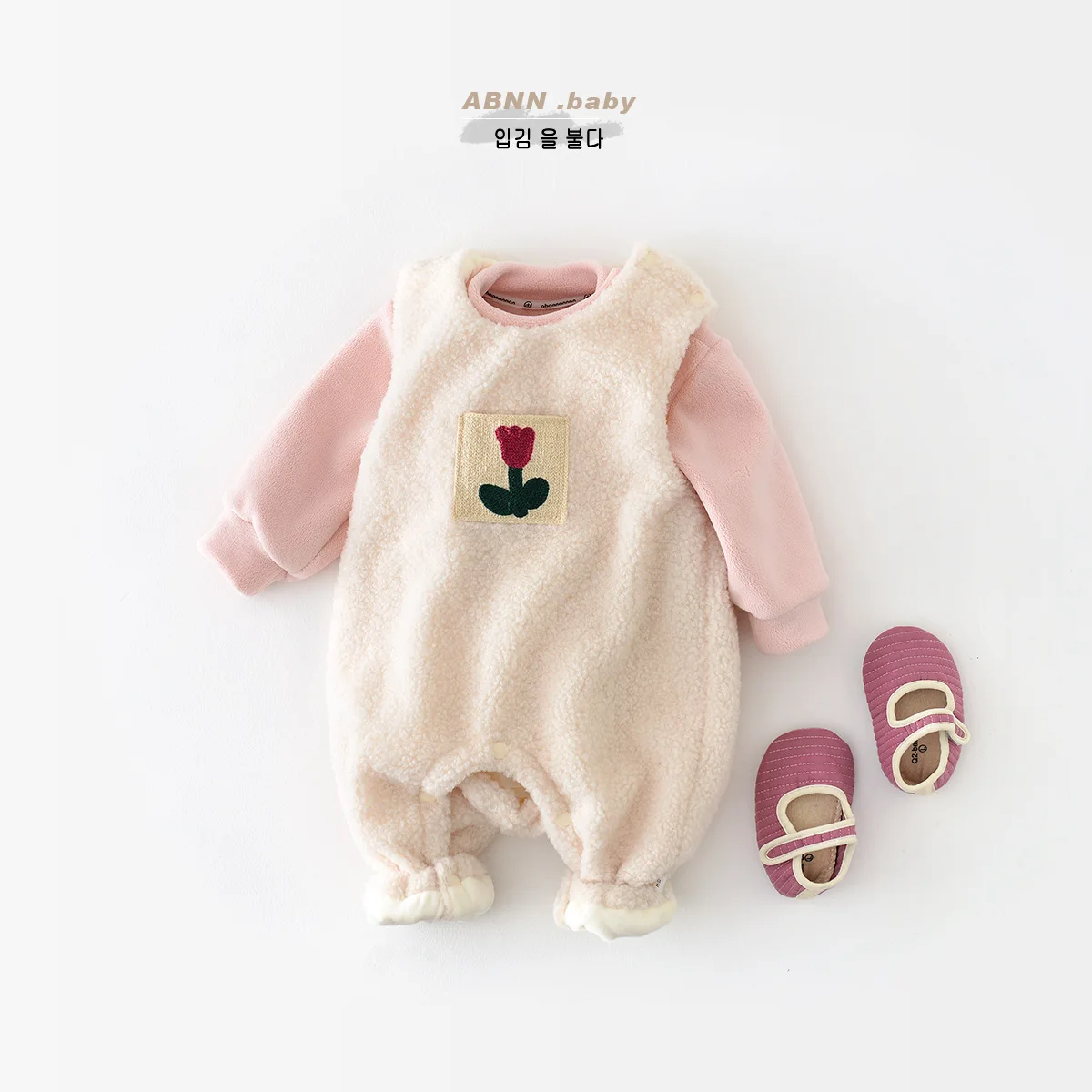 Baby Bodysuit Autumn/Winter Girls' Plush Thickened Creeper Jumpsuit Newborn Round Neck One Piece Plush Bottom Romper Top sets