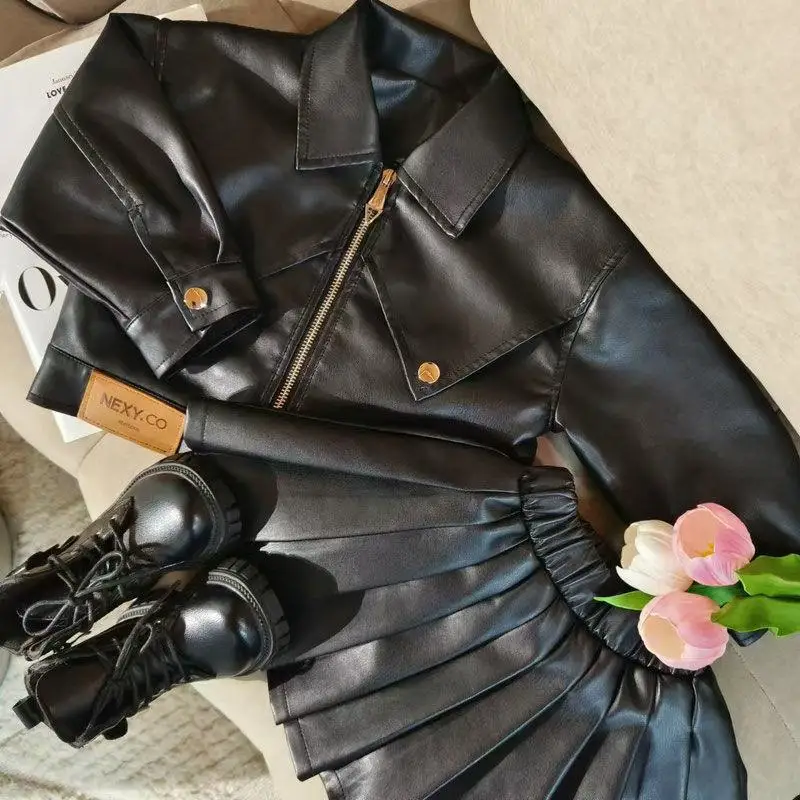 

Street Trend Girls Leather Two Pieces Sets For Children Jacket Tops+Short Skirt Suits Girl Outfits Clothes Autumn Winter Costume