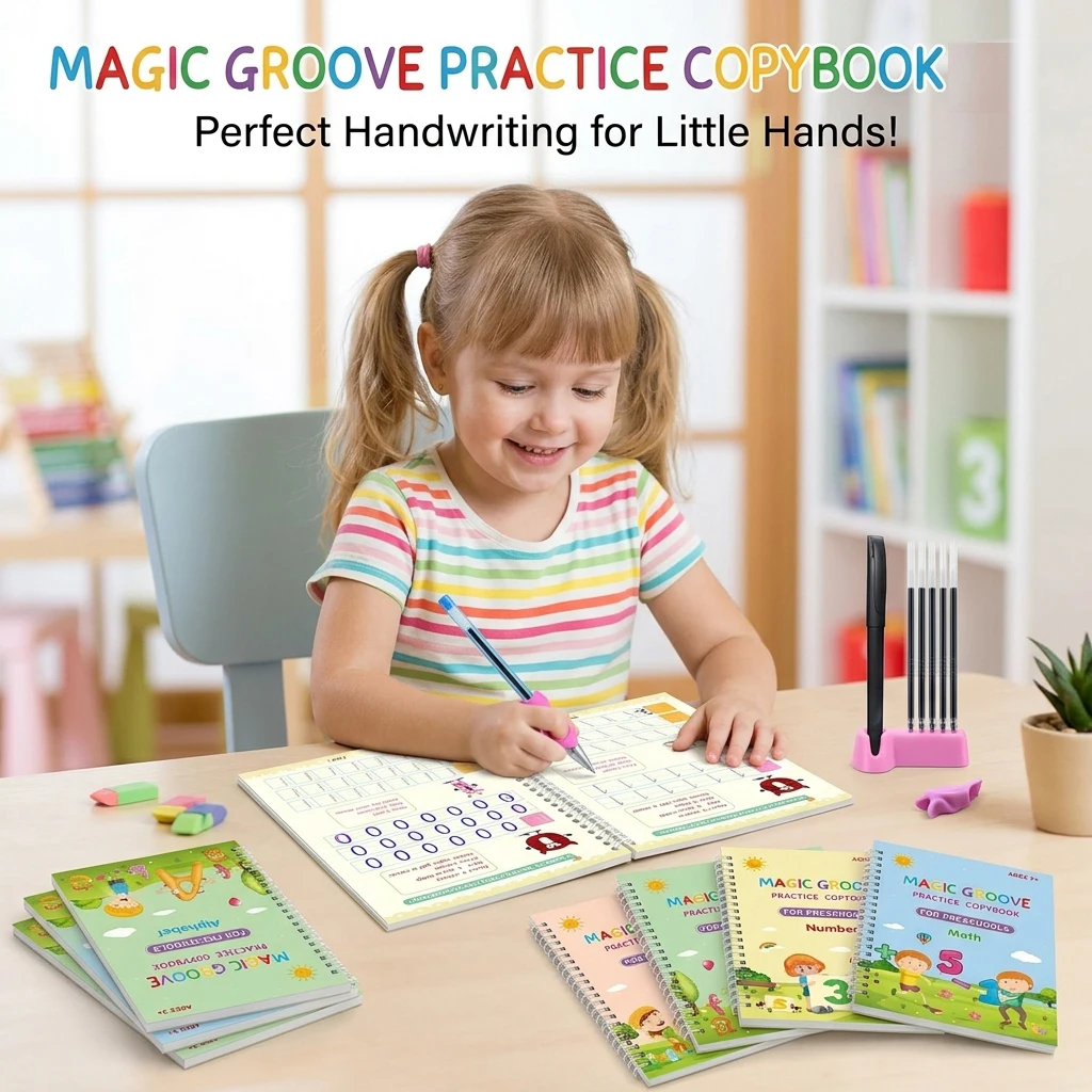 Reusable Magic Practice Copybook Kids Grooves Calligraphy Handwriting Learning Preschool Tracing Book with Pen for Boy Girl Gift