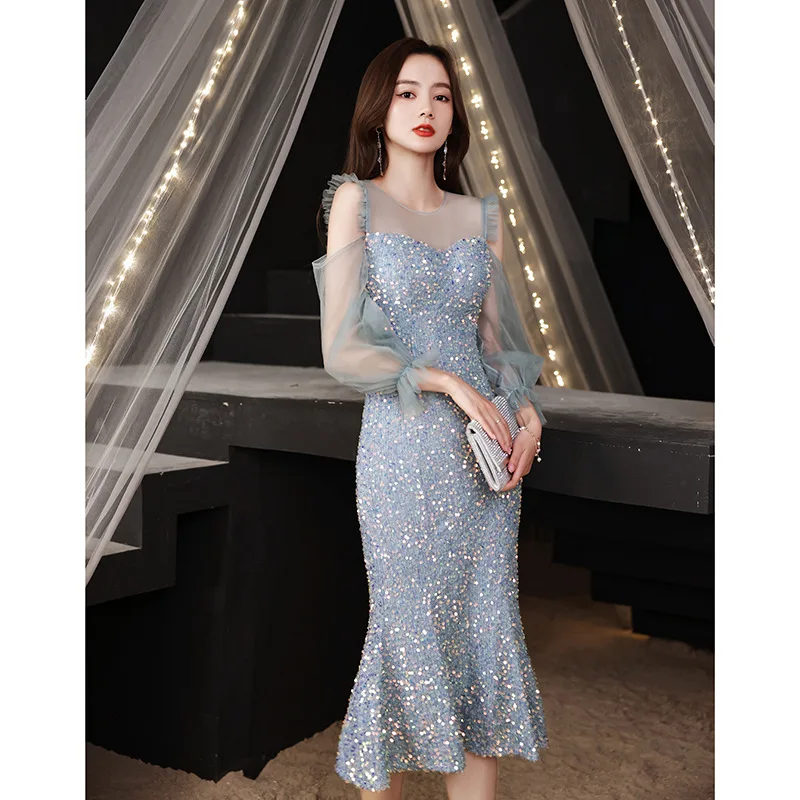 

2022 New Fashion Sequins Homecoming Dress Chic Tea-Length Tulle Puff Sleeve Shiny Mermaid Party Dresses Lady Elegant Slim Gowns