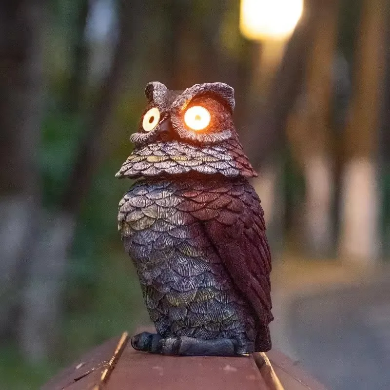 1pc Solar Owl Garden Statues Resin Realistic Fake Owl Decoy With Rotating Head For Garden Yard Outdoor Decorations Sculpture